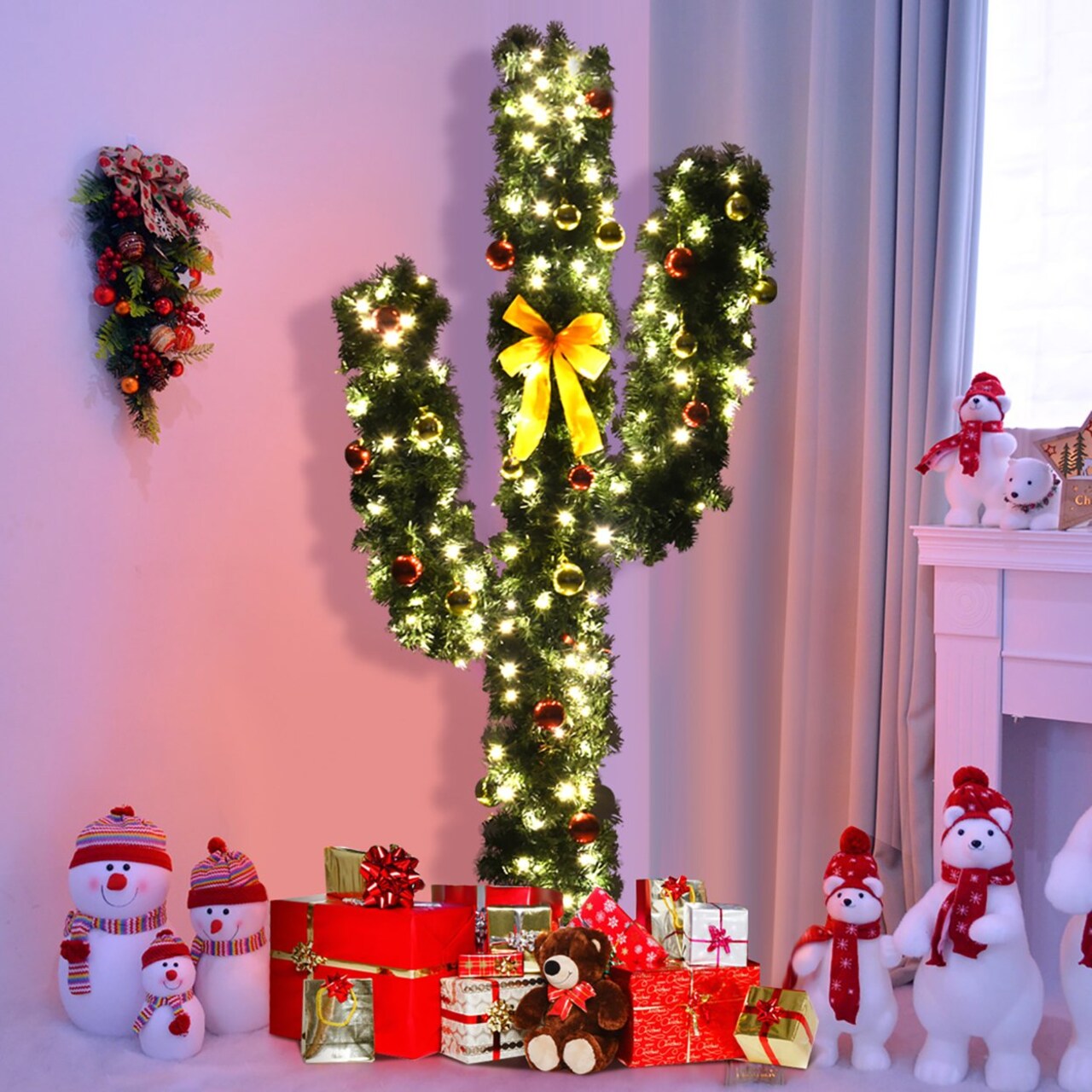 7Ft Cactus Artificial Christmas Tree Pre-Lit W/Led Lights And Ball Ornaments